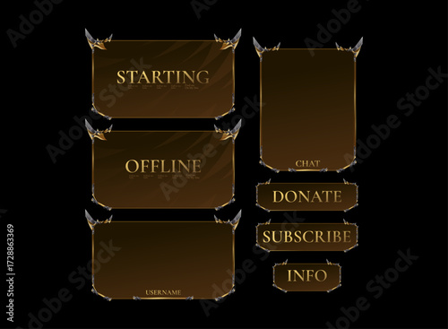 Fantasy stream overlay pack, gothic gold brown frame. Starting, offline, chat, donate, subscribe, info panels. Medieval RPG UI design for Twitch and YouTube gaming broadcast.