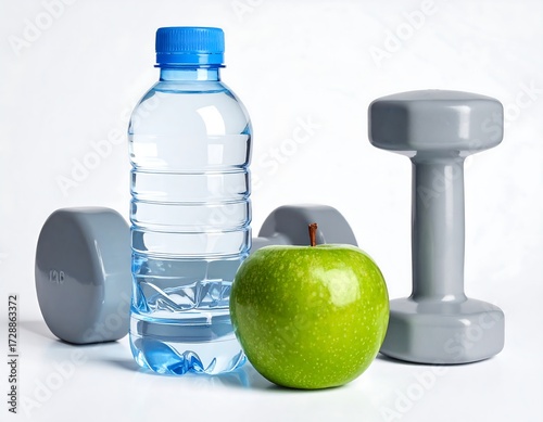 Fitness, healthy lifestyle, water, fruit, weights