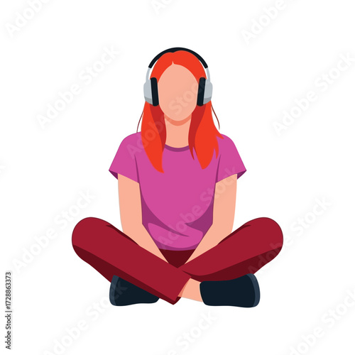 Young woman enjoying music with headphones sitting cross legged casual outfit vector