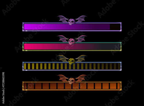 Halloween Progress Bar Ui. Gothic Rpg Hud with Skull and Bat Wing. Spooky Loading Bar, Horror Game Interface Asset. Dark Fantasy Health, Mana, Energy and Creepy Overlay Design.