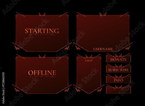Dark Fantasy Twitch Overlay. Gothic Red Horror Stream Starting and Offline Screen with Chat, Username, Donate, Subscribe, Info Panel. Spooky Halloween Style UI for Streamer and Game Broadcast.