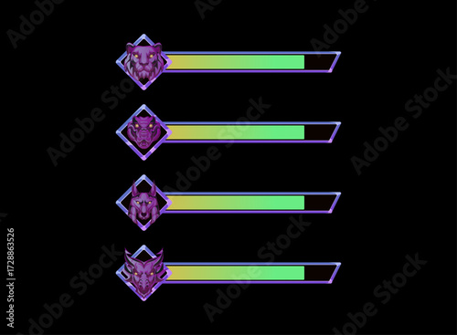 Halloween RPG Health Bar UI. Gothic Animal Face Tiger, Boar, Wolf, Dragon with Dark Purple Frame. Fantasy Horror Game Overlay, Spooky Status Indicator, HP Mana Energy Bar for RPG, MMORPG, Halloween