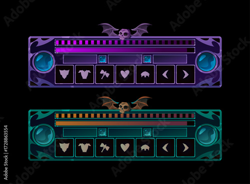 Halloween RPG Gothic HUD Panel UI. Fantasy Skull with Bat Wings, Dark Purple and Orange Status Bars, RPG Game Interface with Health Mana Energy Slot Icons, Spooky Overlay for MMORPG, Horror Adventure