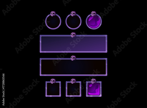 Halloween gothic button pack, dark purple skull frame UI elements. Fantasy RPG and horror game interface design. Magic potion slot, square circle button with skull.