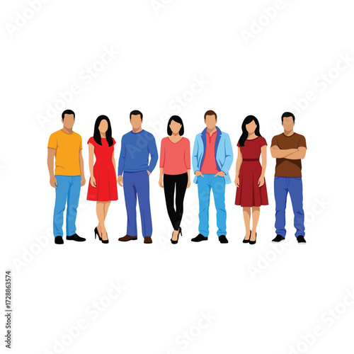 Diverse group of young people standing together casual attire vector