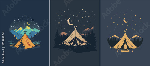 Tents are set against a starry sky, surrounded by mountains and trees. The moonlight illuminates the camping scene, creating a peaceful atmosphere at night.