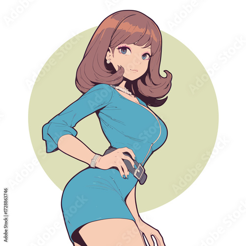 A woman with long hair and a confident expression stands posed in a blue dress. The simple background highlights her stylish look and vibrant charm.