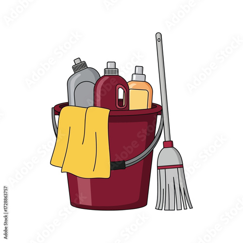 Cleaning supplies bucket and mop illustration for home hygiene and sanitation services vector