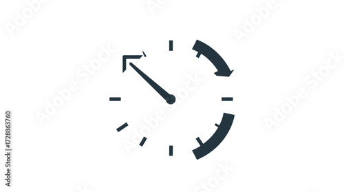 A simple illustration of a clock face with arrows indicating progress, time, and direction.