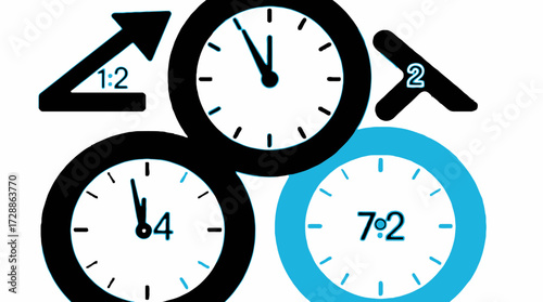 Abstract design of clocks and arrows illustrating time-related concepts and numerical relationships.