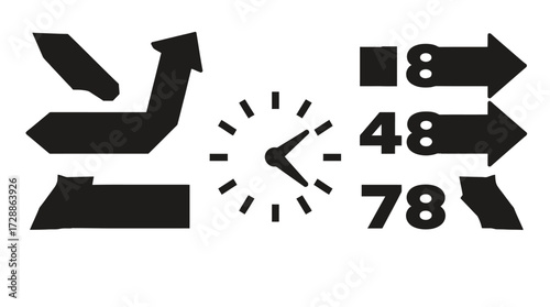 A graphic composition featuring arrows, a clock, and numerical indicators, suggesting time-based progress and direction.