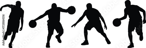 Silhouette of basketball players dribbling and playing with ball, isolated on white background, concept of sports action, athletic competition, training and fitness illustration