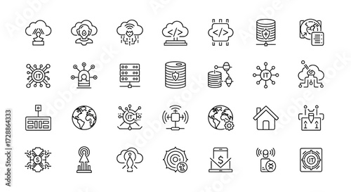 Modern outline icons for cloud computing, data security, global networking, and IoT, illustrating digital infrastructure, internet connectivity, and advanced technology concepts