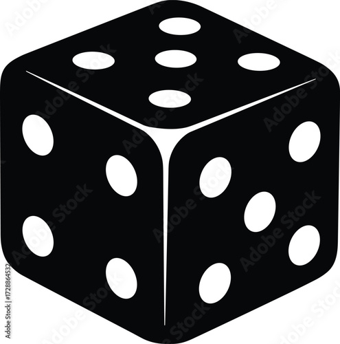 Dice illustration, black and white, three visible faces, casino cube, gambling object, probability symbol, random chance, gaming element, 3D perspective, illustration, black and white, three 