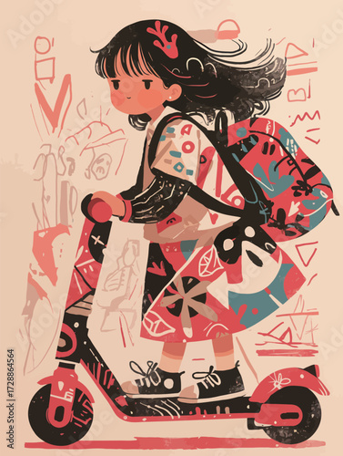 A girl rides her scooter with confidence, wearing a playful outfit while carrying a backpack. The background showcases colorful designs that enhance the scene.