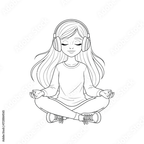 Calm girl meditating with headphones serene mindful pose peaceful escape vector
