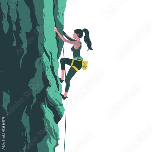 A woman ascends a steep rock wall, demonstrating her climbing skills. She is focused and determined, wearing climbing gear in a picturesque outdoor setting.