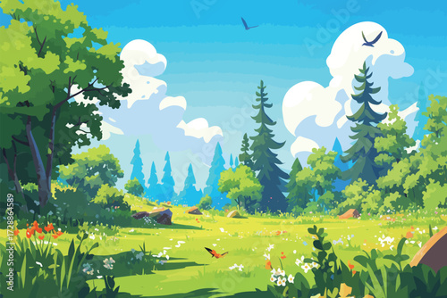 A vibrant forest scene shows lush green trees, colorful flowers, and a clear blue sky. Birds fly in the background, creating a lively atmosphere of nature.