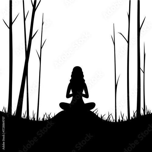 Silhouette of woman meditating in a forest for World Mental Health Day  