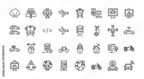 Abstract Collection of Smart Technology, IoT, and Cloud Computing Line Icons, Depicting Future Mobility, Data Networks, and Digital Connectivity Solutions