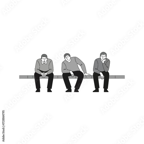 Three men sitting on a bench with pensive thoughtful expressions diverse poses vector