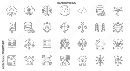 Comprehensive collection of modern technology line icons representing digital data, cloud computing, artificial intelligence, network security, and smart home concepts for digital services