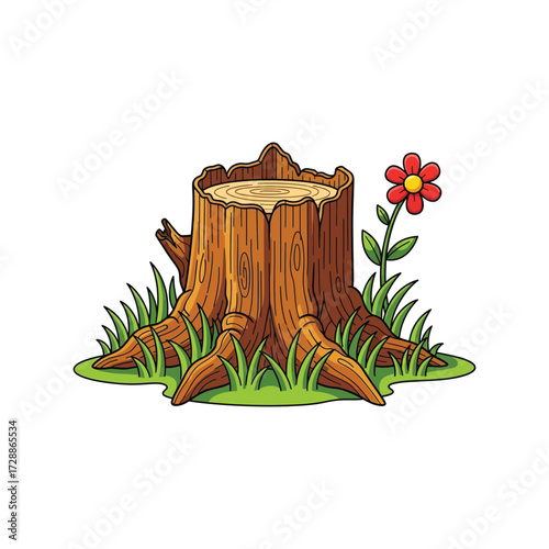 Rustic tree stump with green grass and a single vibrant flower illustration vector