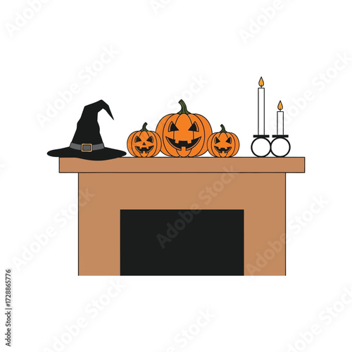 Jackolanterns and witch hat on mantelpiece halloween decorations cozy autumn scene vector