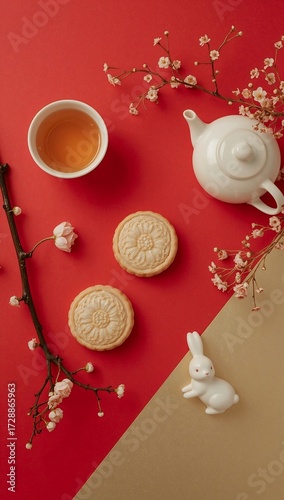 Moon cakes and tea on a red background, top view, flat lay. Cup of tea, teapot and cookies on red background. A cup of tea and cookies on a red background. View from above.