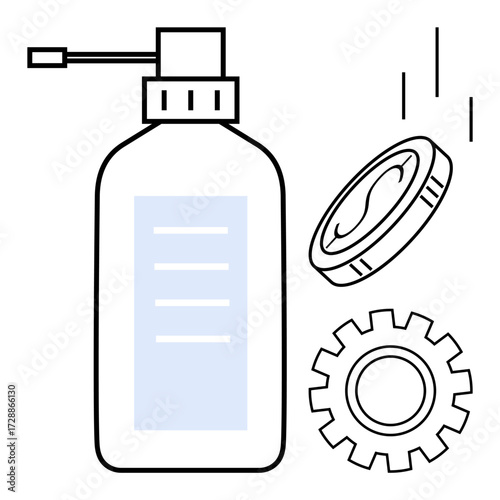 Lubricant pump bottle with nozzle, gear symbol, and liquid droplet. Ideal for maintenance, repair, mechanics, industrial process, lubrication engineering manufacturing. Simple flat metaphor