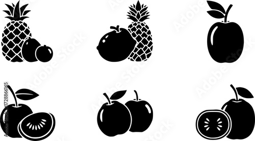 Colorful flat style fruit icons: tropical selection with simple shapes