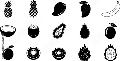 Colorful flat style fruit icons: tropical selection with simple shapes