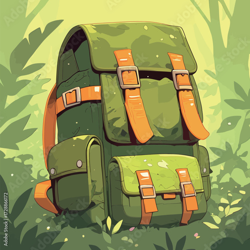 A green backpack with orange straps sits amidst dense greenery in a lively forest. Sunlight filters through the leaves, highlighting the backpacks design and colors.