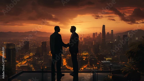 Business partners shake hands overlooking city at sunset