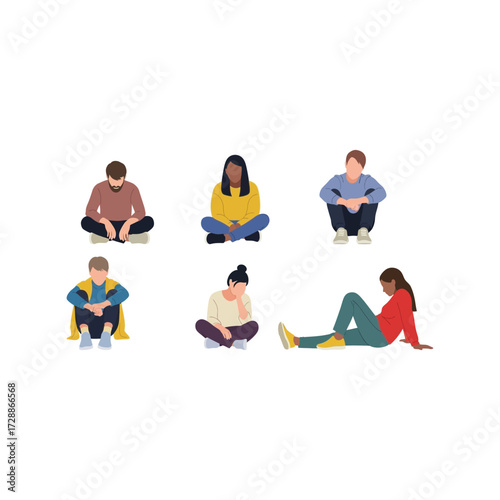 Diverse group of young people sitting casually on floor engaged in activities vector