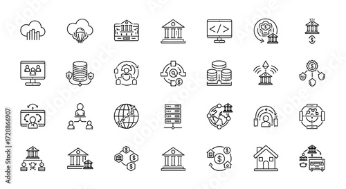 Essential vector line icons for modern digital technology, cloud computing, data management, financial services, global networking, and cybersecurity solutions