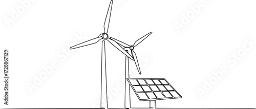 Continuous one line drawing of wind turbine and Solar panel vector illustration. Editable outline