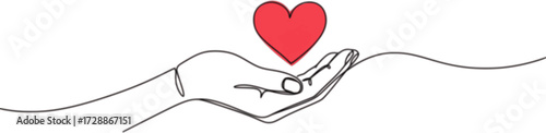 Continuous one line drawing of Hand holding a heart vector illustration. Editable outline