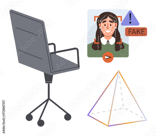AI facial recognition scanning fake profile alert next to a 3D geometric pyramid shape and a modern office chair. Ideal for AI technology, security, innovation, office, education, analytics, minimal