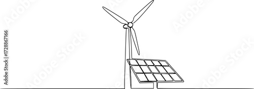 Continuous one line drawing of wind turbine and Solar panel vector illustration. Editable outline