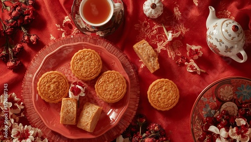 Moon cakes and tea on a red background, top view, flat lay. Cup of tea, teapot and cookies on red background. A cup of tea and cookies on a red background. View from above.