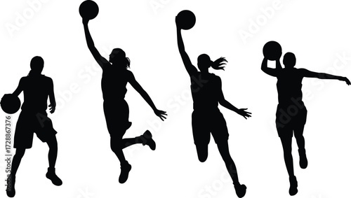 Silhouette of female basketball players dribbling, jumping, dunking, dynamic sports action, 