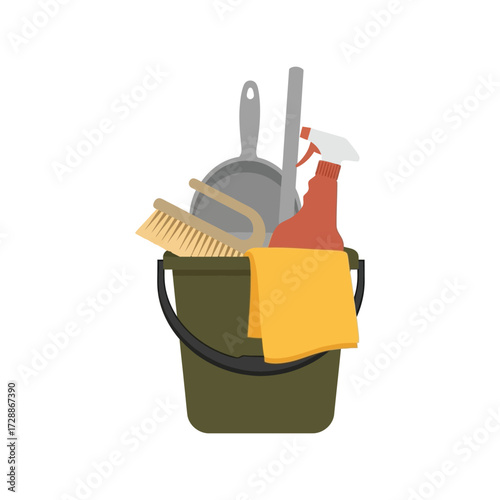 Cleaning supplies bucket with mop spray bottle brush and cloth for housekeeping vector