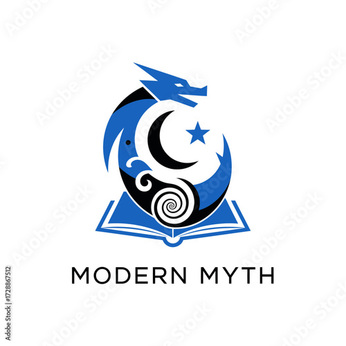 monster myth book cartoon  education moon stars blue, black waves logo symbol water sea