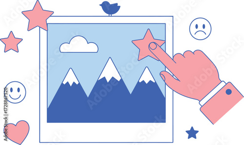 Giving a mountain landscape scene a five star review rating with social media popularity symbols