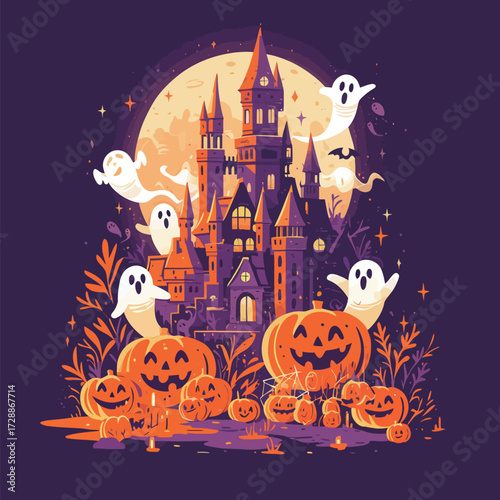 A magical Halloween scene features a haunted castle illuminated by a full moon. Surrounding pumpkins and playful ghosts add to the festive atmosphere.