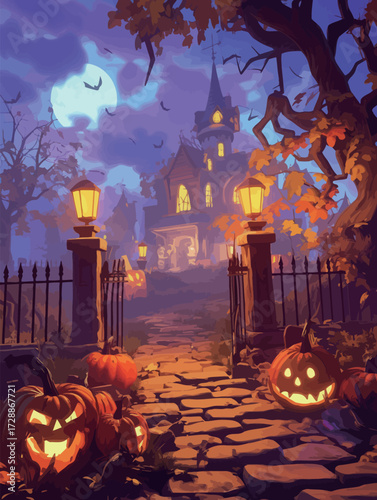 A spooky path illuminated by lanterns leads to a haunted mansion. Jack-o-lanterns glow brightly among autumn leaves, creating an eerie Halloween atmosphere at night.