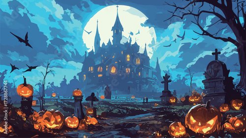 Spooky scene features a haunted castle set against a bright full moon. Glowing pumpkins and bats create a chilling atmosphere in a graveyard.