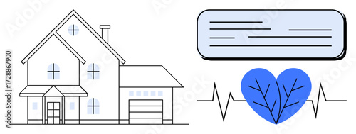 White house outline with windows, blue heart with veins, and pulse line symbolizing wellness. Ideal for healthcare, safety, home insurance, healthy living, energy efficiency, architecture simple