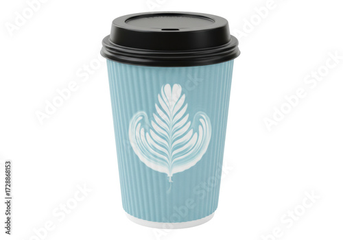 Isolated light blue corrugated paper coffee cup with black lid and white latte art design disposable beverage container for hot drinks